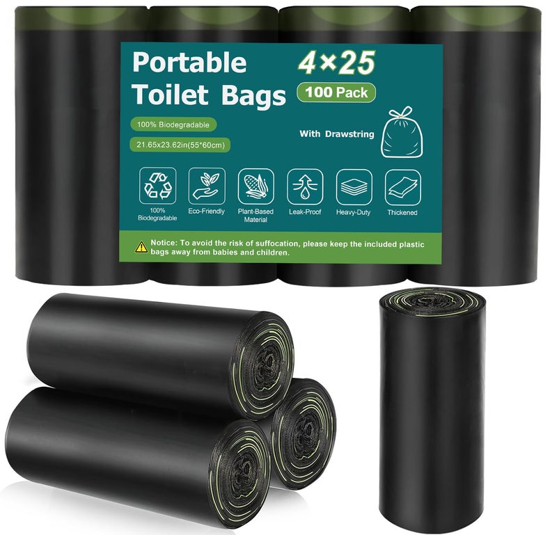 100 Portable Toilet Bags Camping Toilet Bags Biodegradable Toilet Bags with Drawstring Lemon Scent Compostable Bags for 58 Gallon Bucket Toilet Seat for Outdoor Camping Car Travel